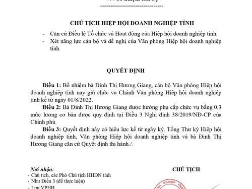 Quyết định bổ nhiệm Chánh Văn phòng Hiệp hội doanh nghiệp tỉnh Quảng Ninh